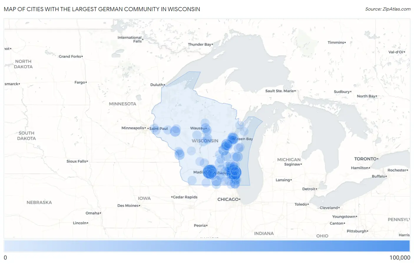 Cities with the Largest German Community in Wisconsin Map