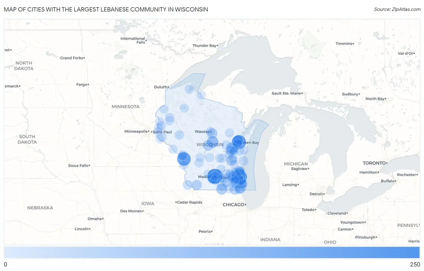 Cities with the Largest Lebanese Community in Wisconsin Map