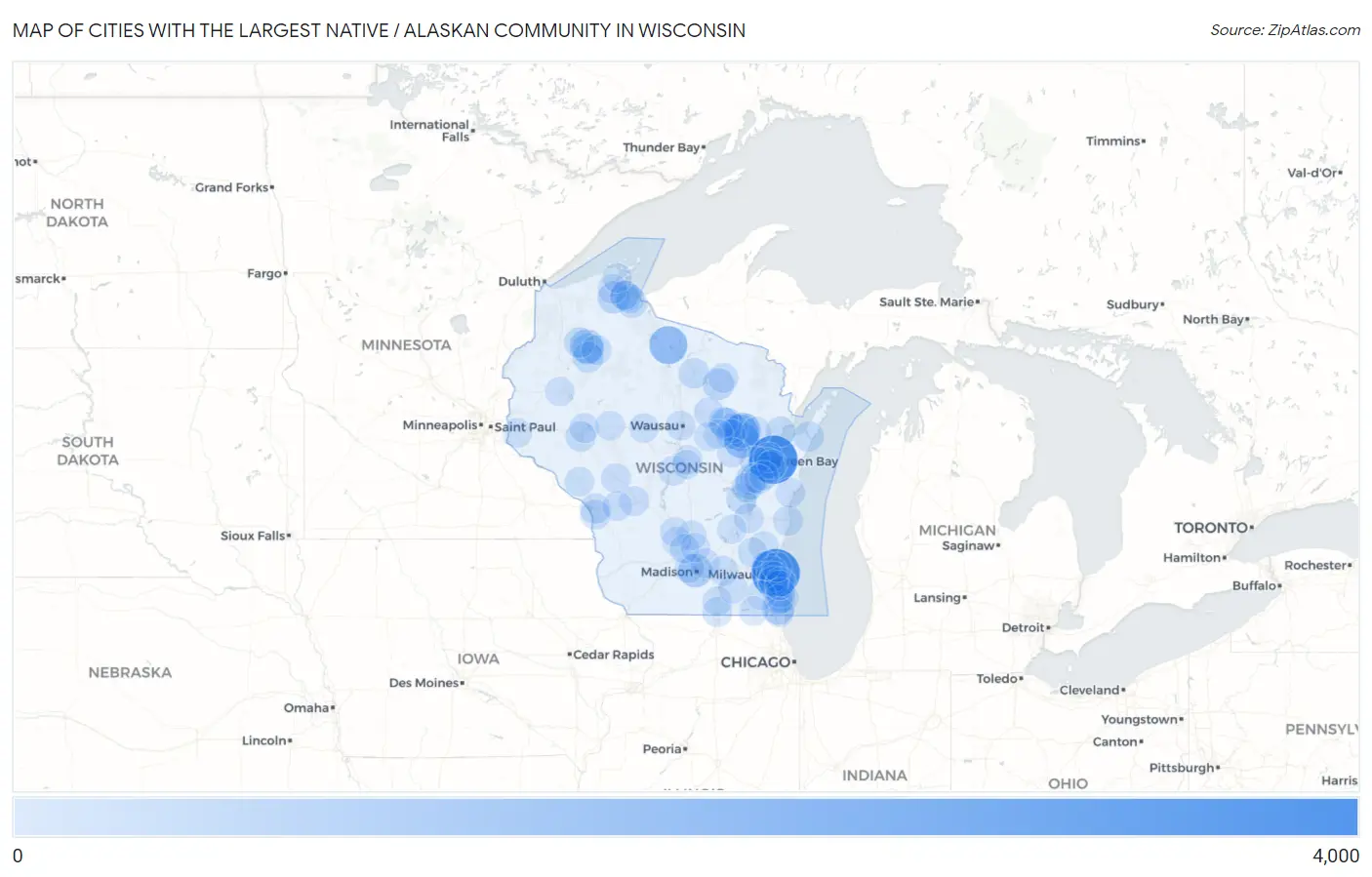Cities with the Largest Native / Alaskan Community in Wisconsin Map