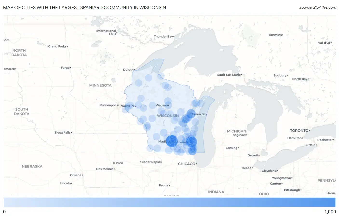 Cities with the Largest Spaniard Community in Wisconsin Map