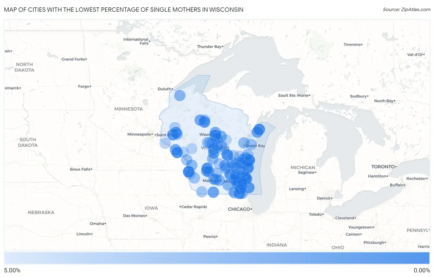 Cities with the Lowest Percentage of Single Mothers in Wisconsin Map