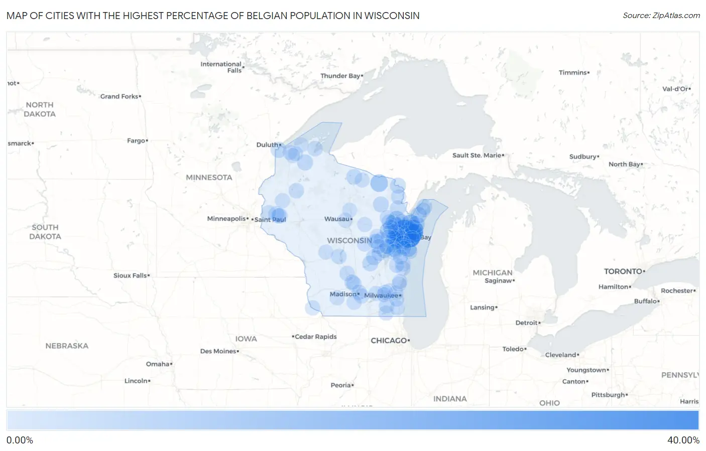 Cities with the Highest Percentage of Belgian Population in Wisconsin Map