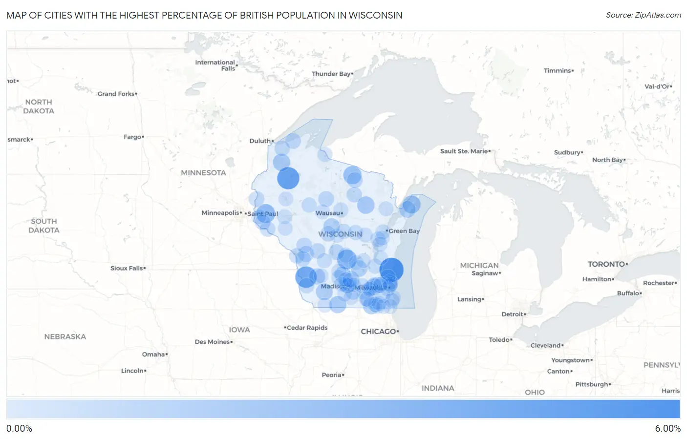 Cities with the Highest Percentage of British Population in Wisconsin Map