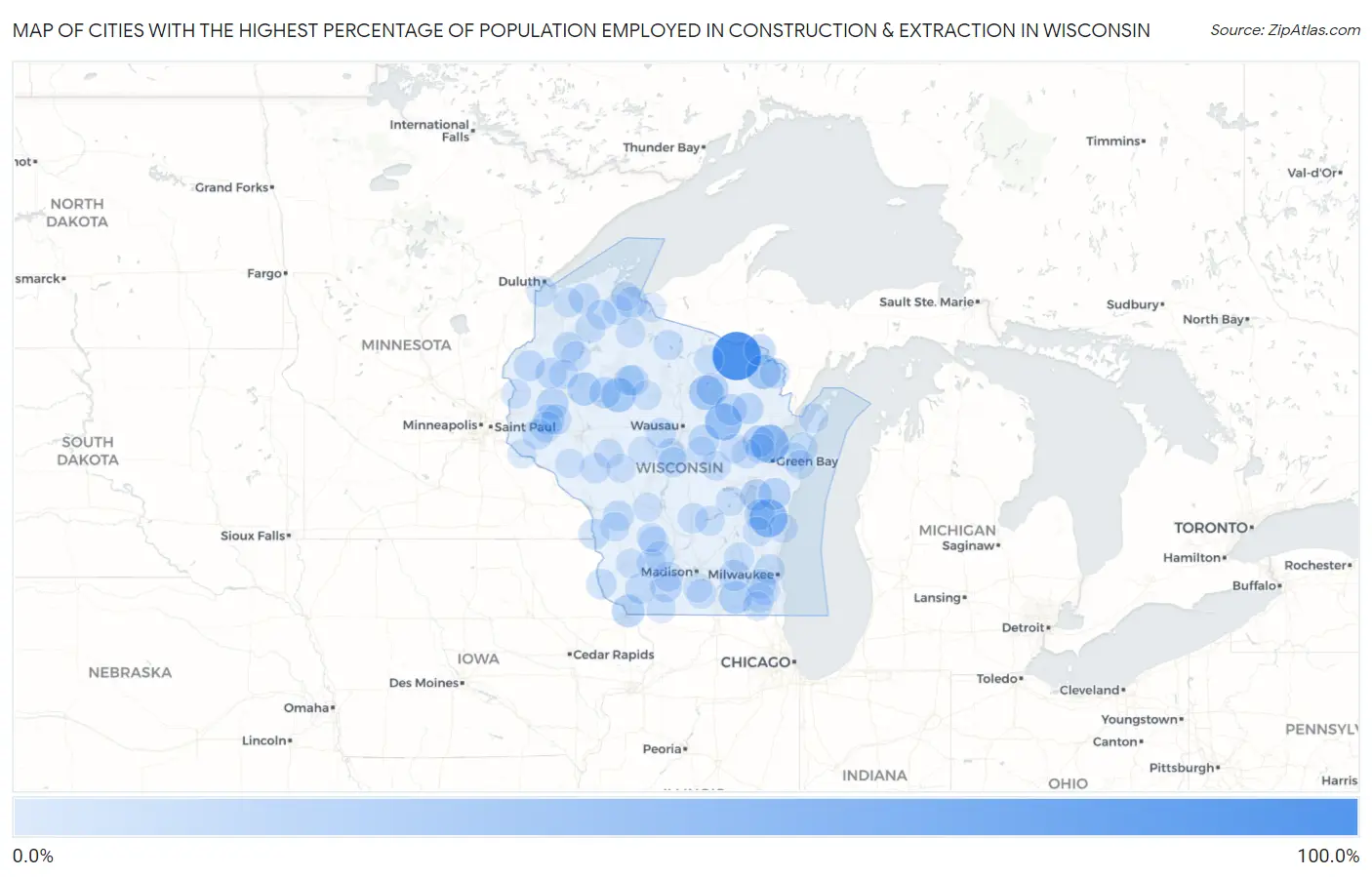 Cities with the Highest Percentage of Population Employed in Construction & Extraction in Wisconsin Map