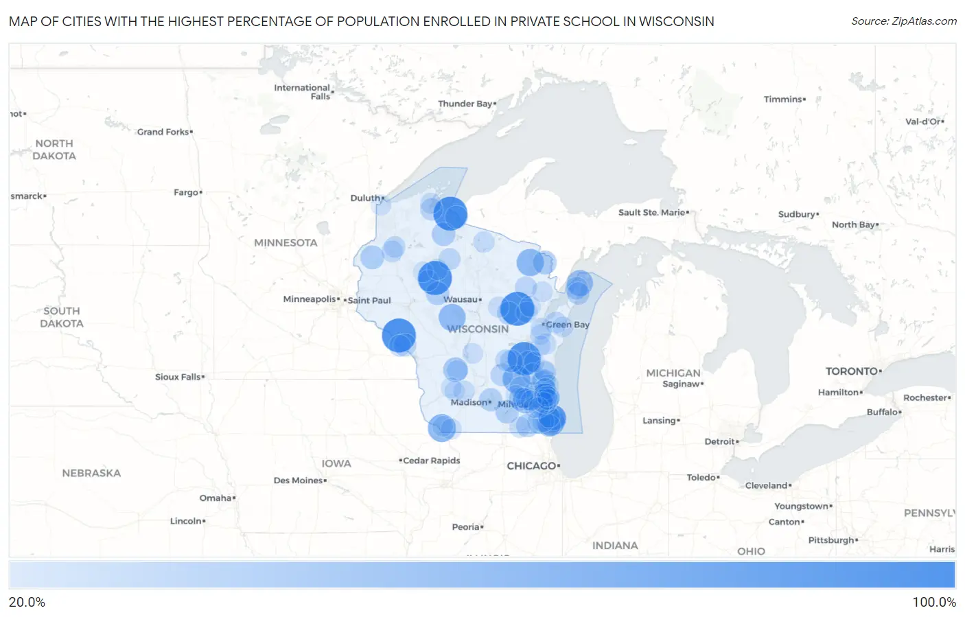 Cities with the Highest Percentage of Population Enrolled in Private School in Wisconsin Map