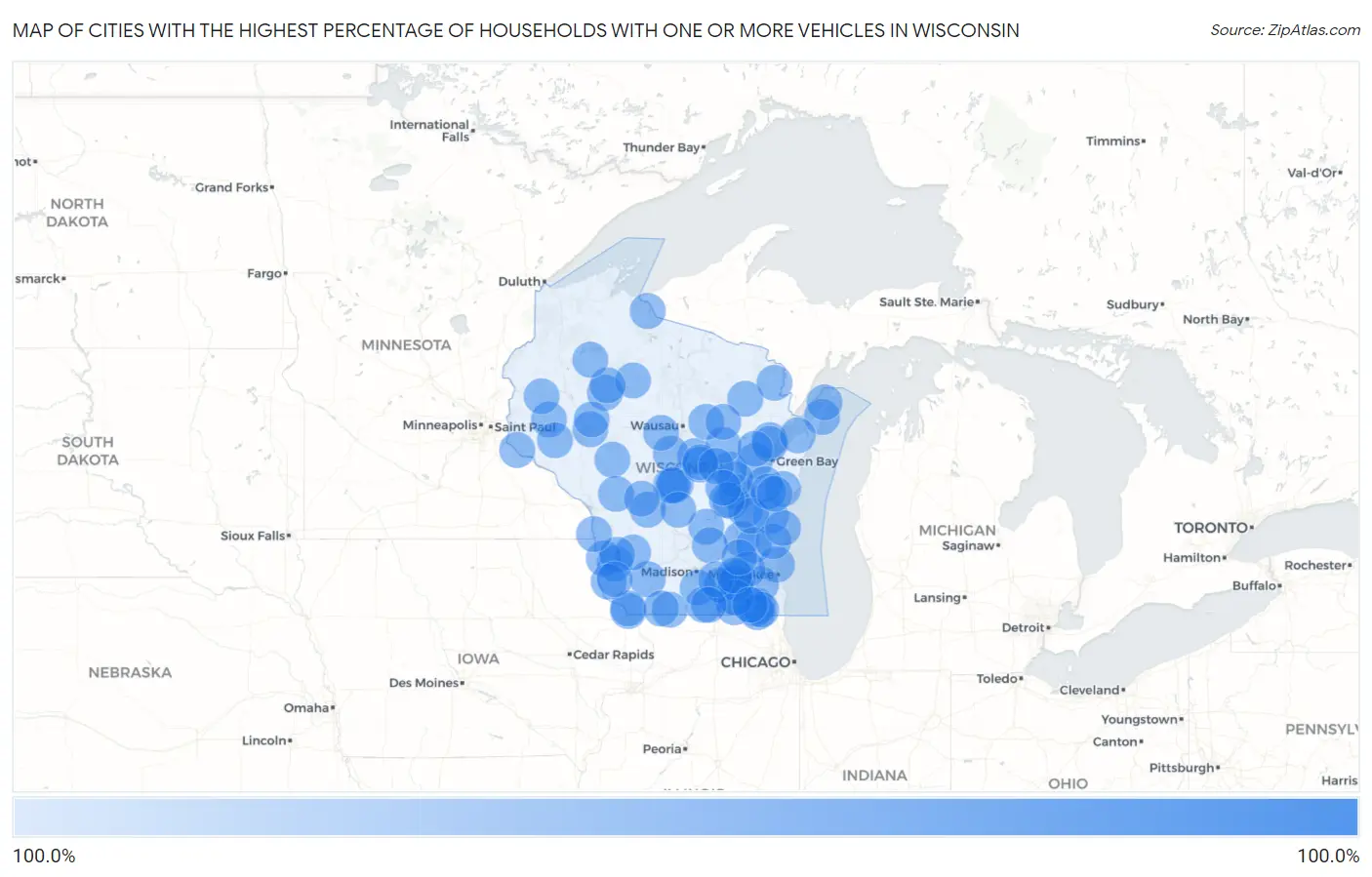 Cities with the Highest Percentage of Households With One or more Vehicles in Wisconsin Map
