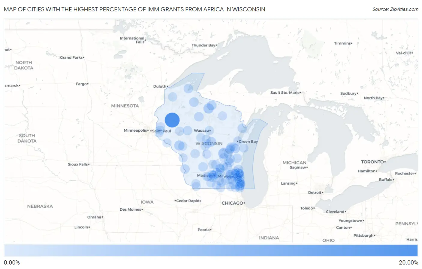 Cities with the Highest Percentage of Immigrants from Africa in Wisconsin Map