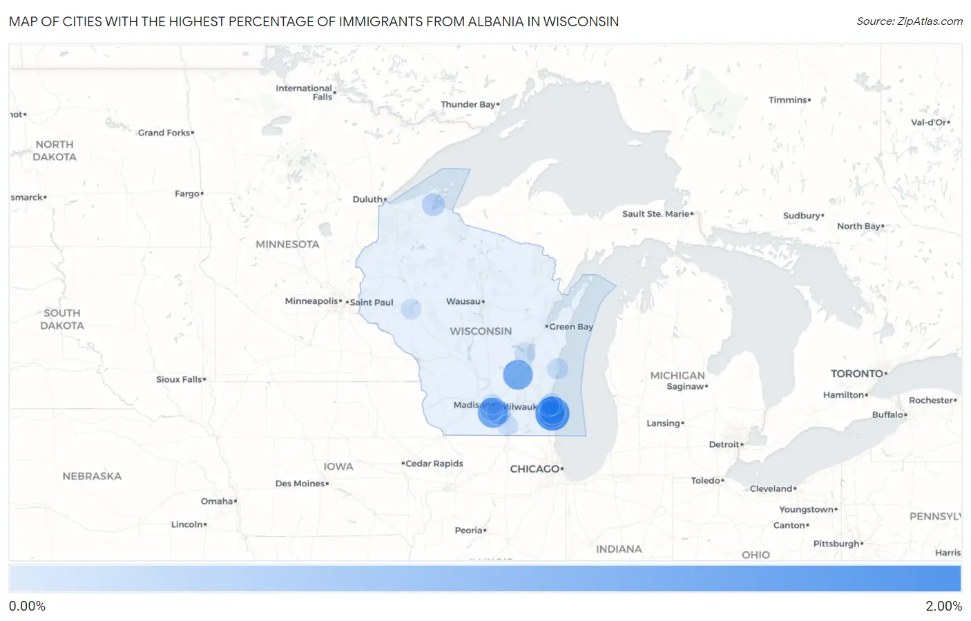 Cities with the Highest Percentage of Immigrants from Albania in Wisconsin Map