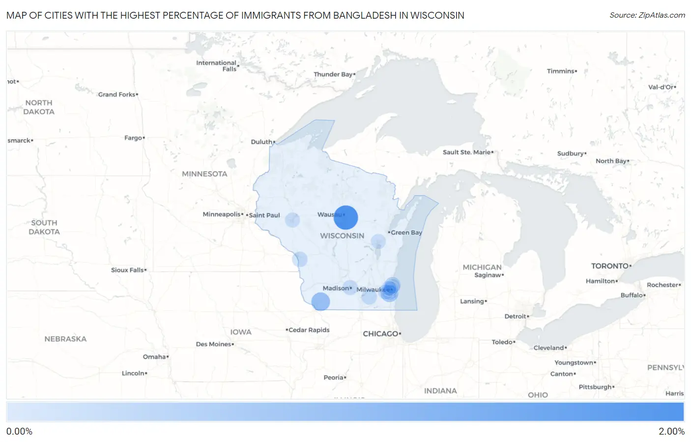 Cities with the Highest Percentage of Immigrants from Bangladesh in Wisconsin Map