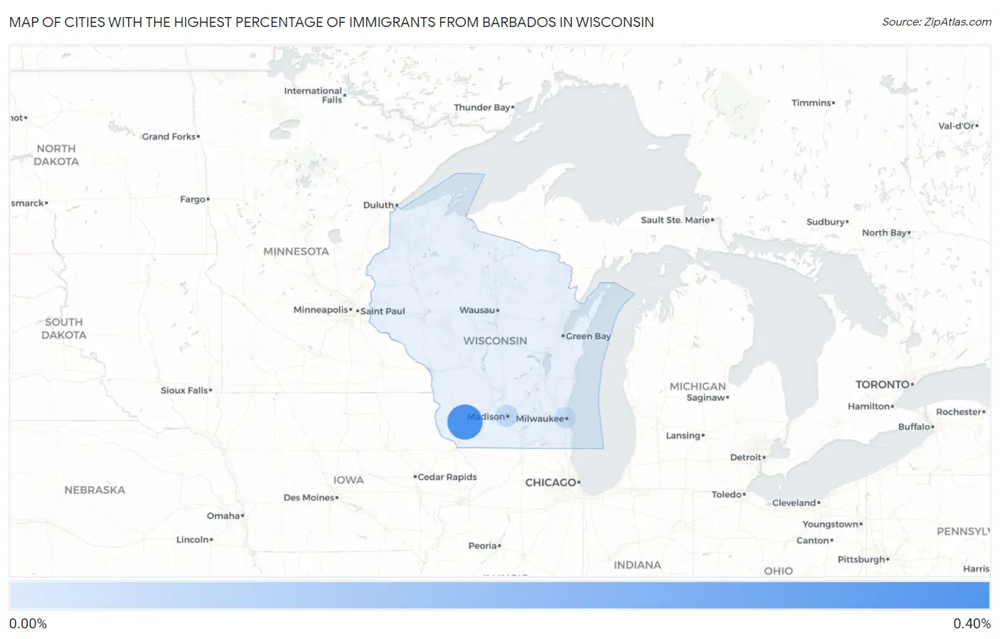 Cities with the Highest Percentage of Immigrants from Barbados in Wisconsin Map