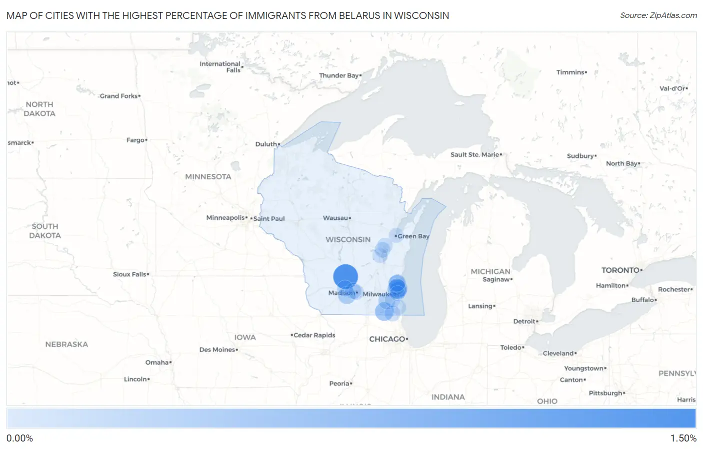 Cities with the Highest Percentage of Immigrants from Belarus in Wisconsin Map