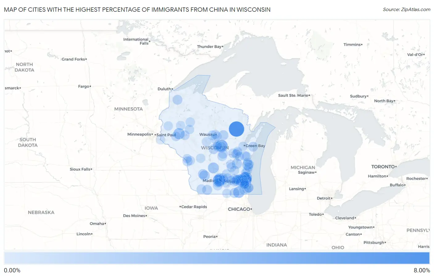 Cities with the Highest Percentage of Immigrants from China in Wisconsin Map
