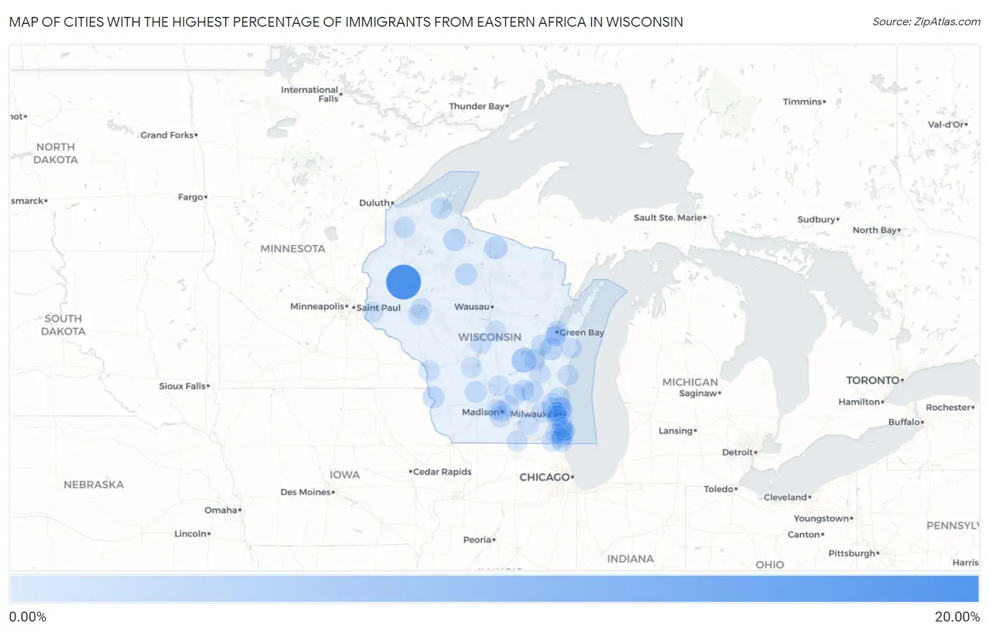 Cities with the Highest Percentage of Immigrants from Eastern Africa in Wisconsin Map
