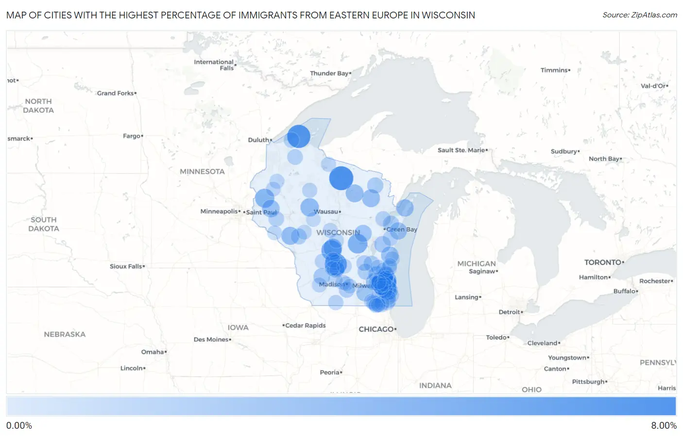 Cities with the Highest Percentage of Immigrants from Eastern Europe in Wisconsin Map