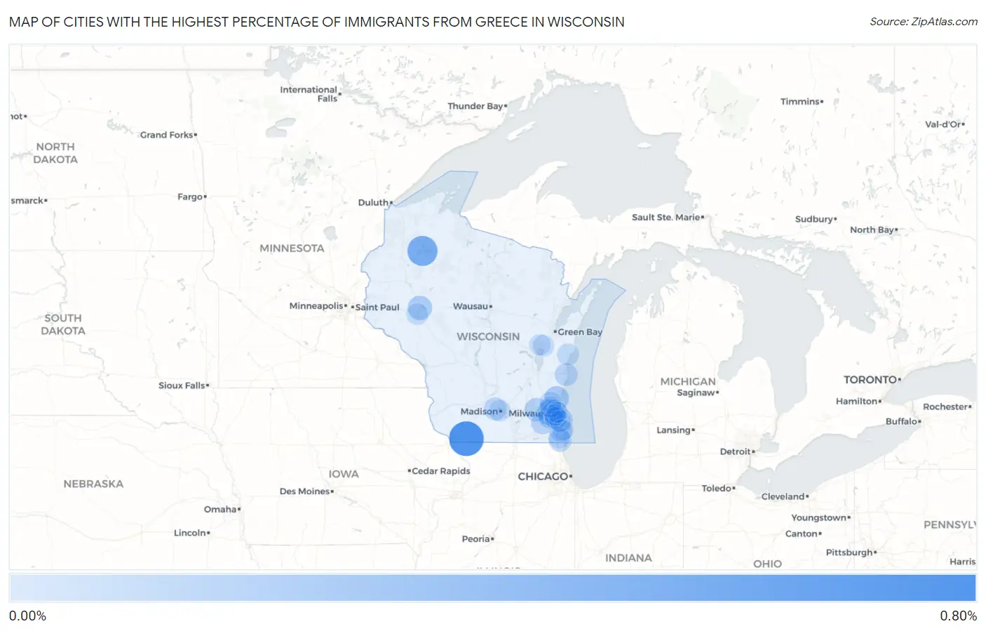 Cities with the Highest Percentage of Immigrants from Greece in Wisconsin Map