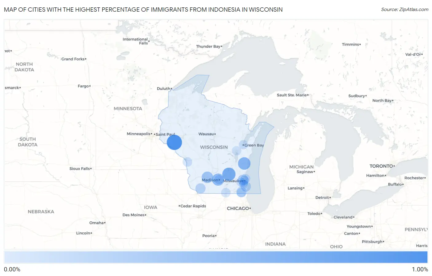 Cities with the Highest Percentage of Immigrants from Indonesia in Wisconsin Map
