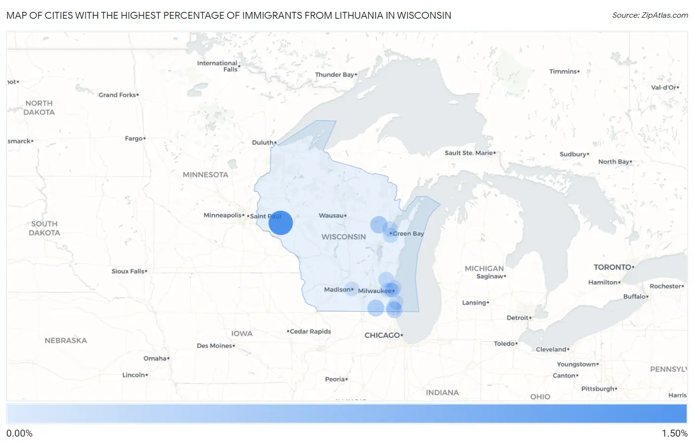 Cities with the Highest Percentage of Immigrants from Lithuania in Wisconsin Map