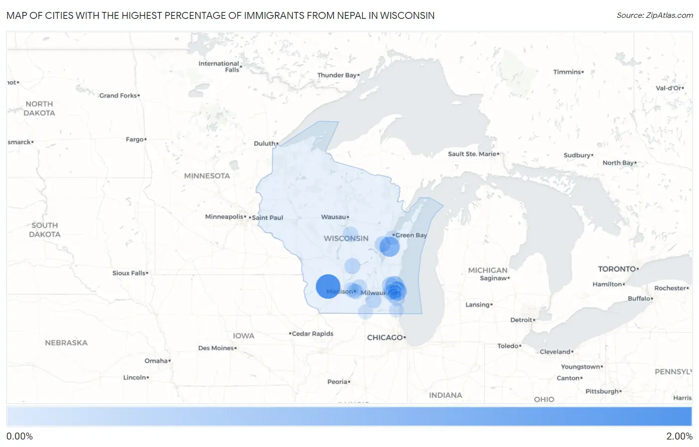 Cities with the Highest Percentage of Immigrants from Nepal in Wisconsin Map