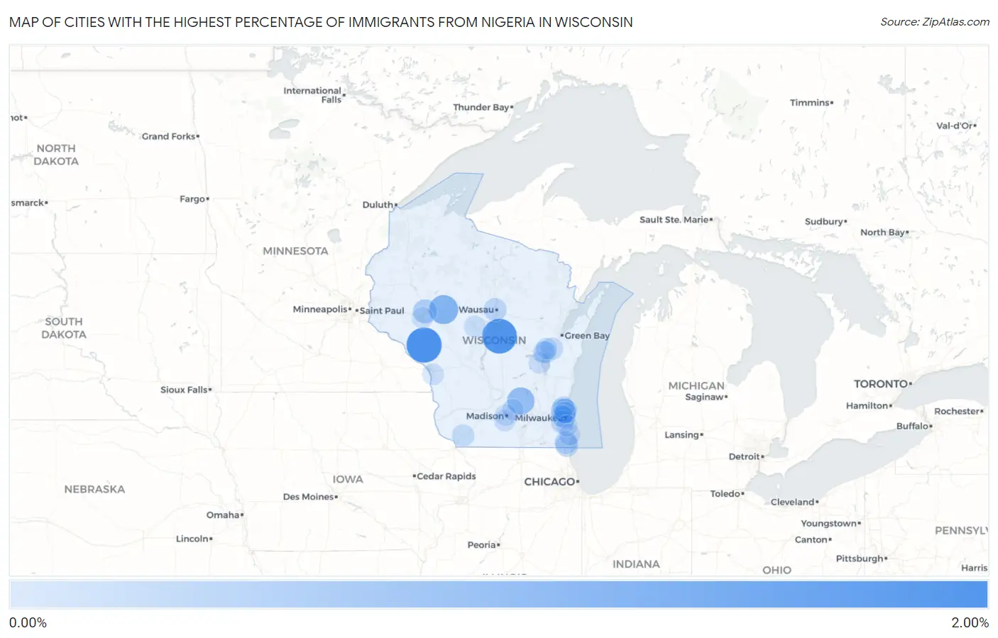 Cities with the Highest Percentage of Immigrants from Nigeria in Wisconsin Map