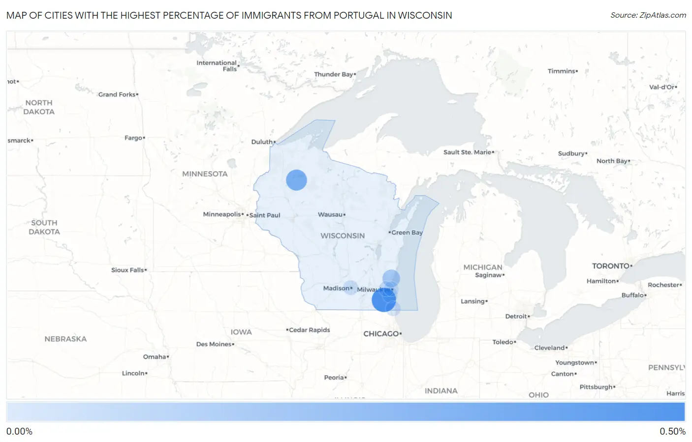 Cities with the Highest Percentage of Immigrants from Portugal in Wisconsin Map