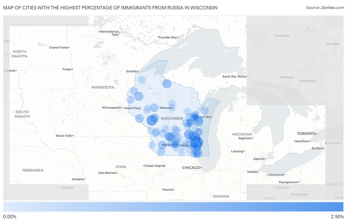 Cities with the Highest Percentage of Immigrants from Russia in Wisconsin Map