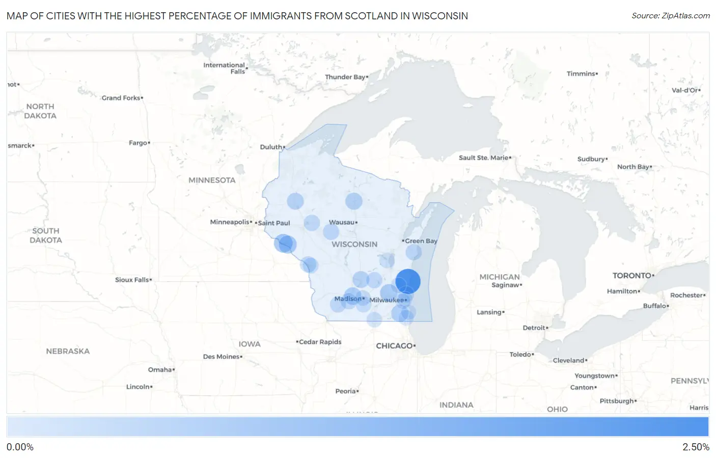 Cities with the Highest Percentage of Immigrants from Scotland in Wisconsin Map