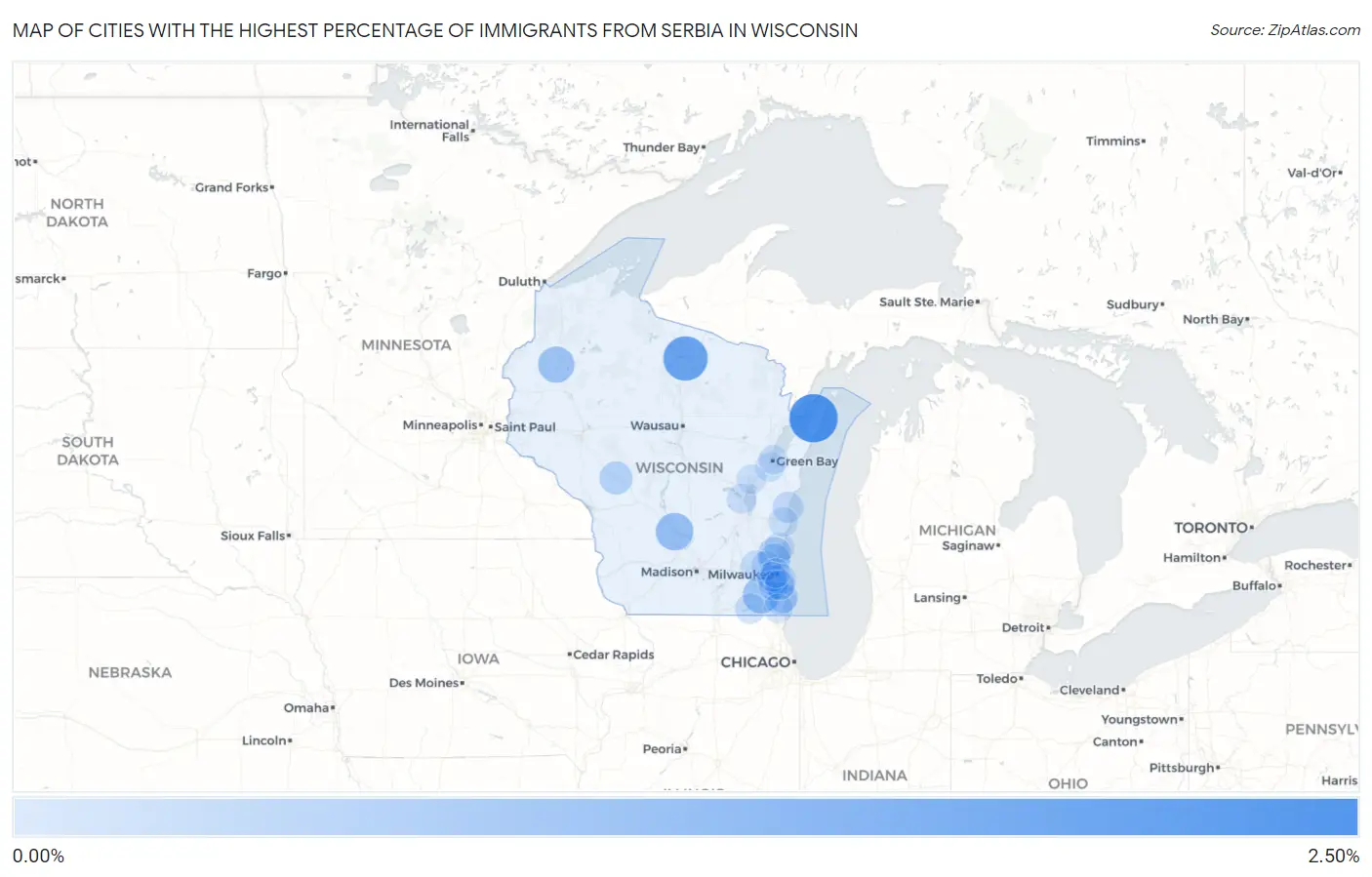 Cities with the Highest Percentage of Immigrants from Serbia in Wisconsin Map