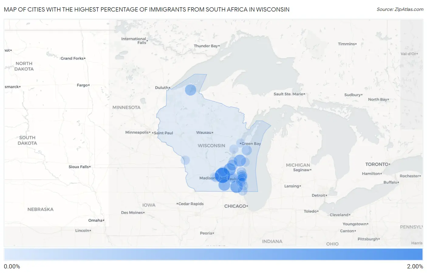 Cities with the Highest Percentage of Immigrants from South Africa in Wisconsin Map