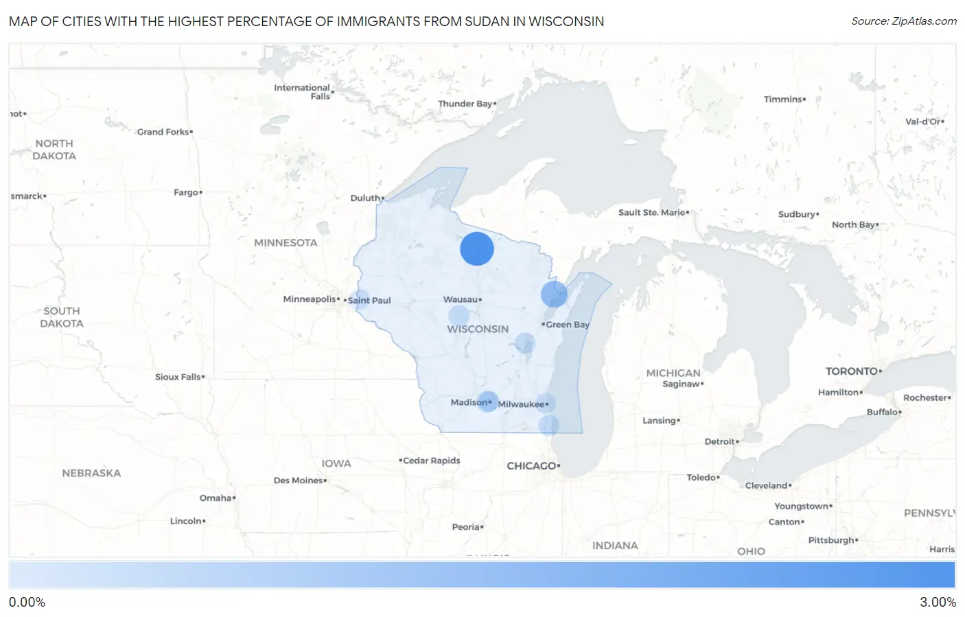 Cities with the Highest Percentage of Immigrants from Sudan in Wisconsin Map