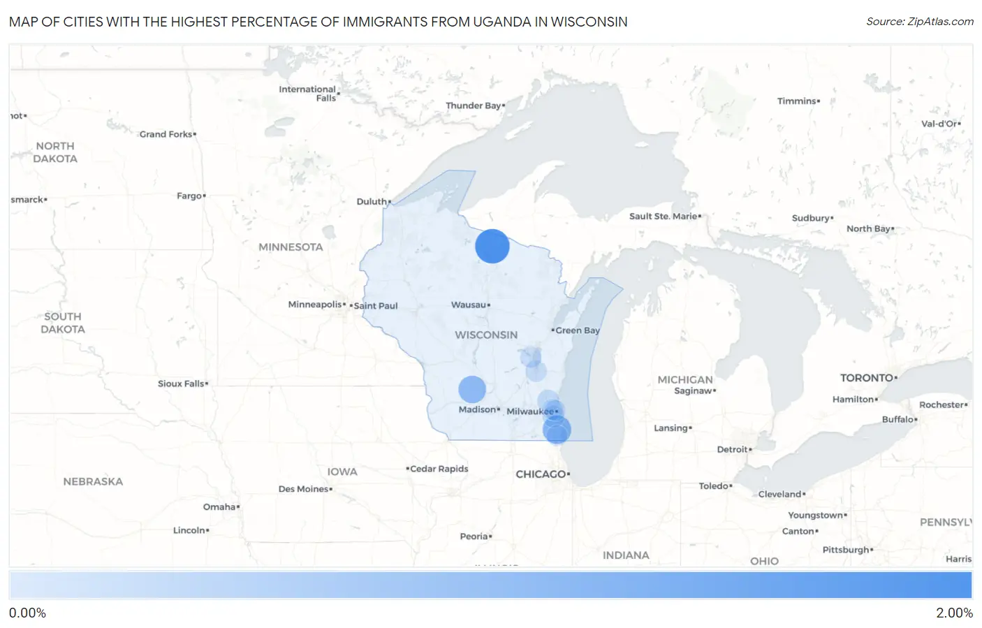 Cities with the Highest Percentage of Immigrants from Uganda in Wisconsin Map