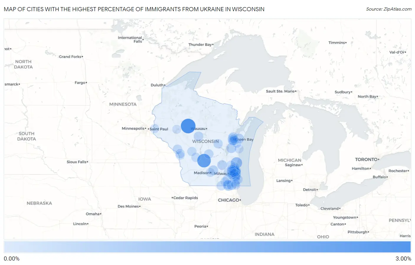 Cities with the Highest Percentage of Immigrants from Ukraine in Wisconsin Map