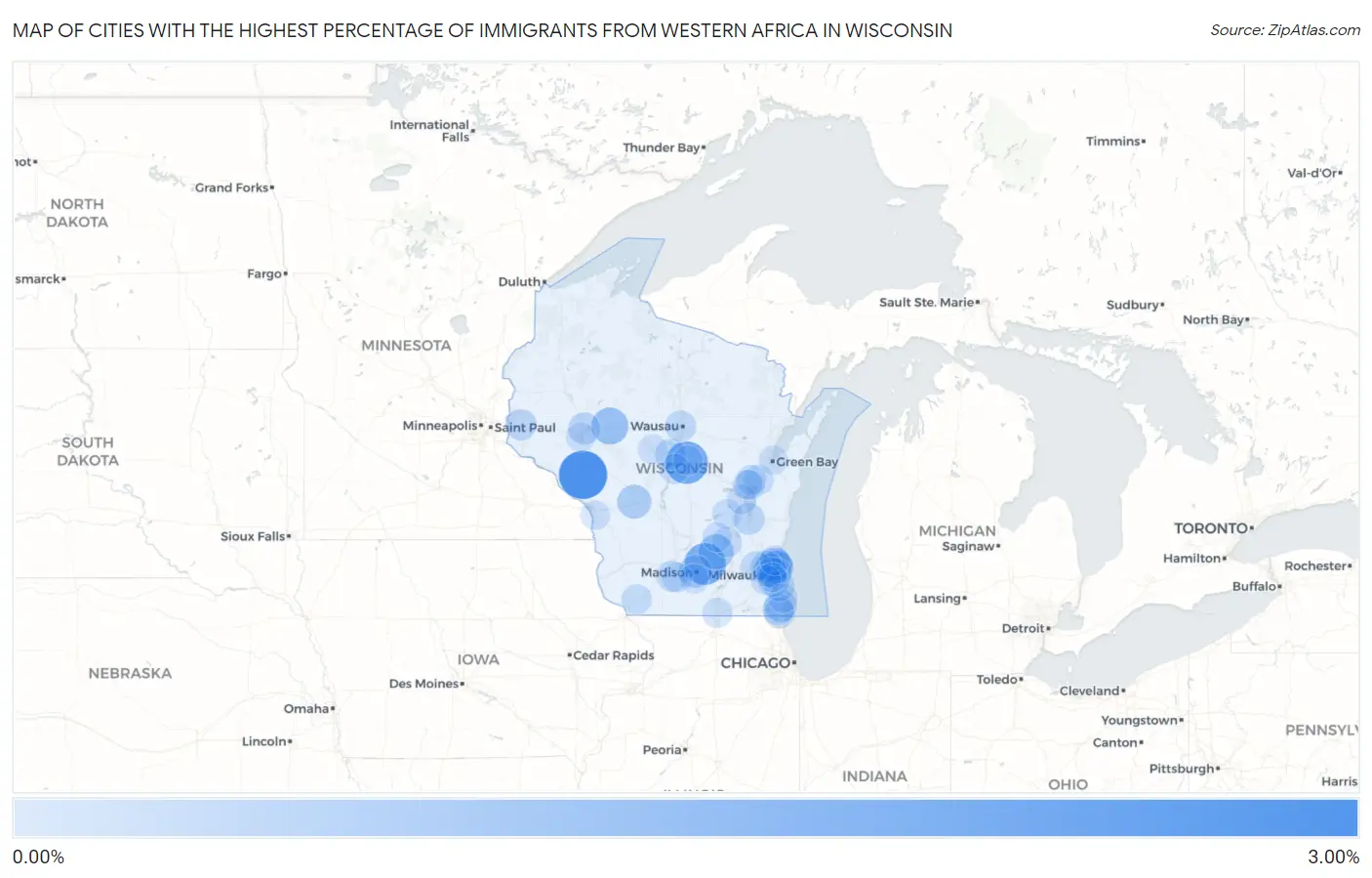 Cities with the Highest Percentage of Immigrants from Western Africa in Wisconsin Map