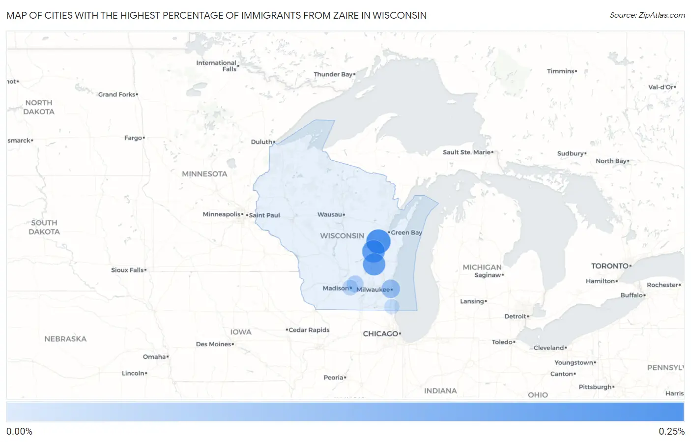 Cities with the Highest Percentage of Immigrants from Zaire in Wisconsin Map