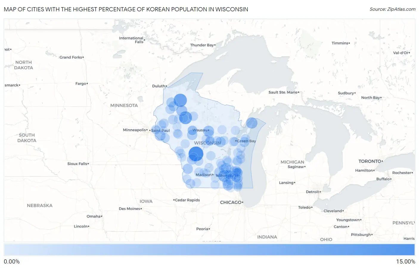 Cities with the Highest Percentage of Korean Population in Wisconsin Map