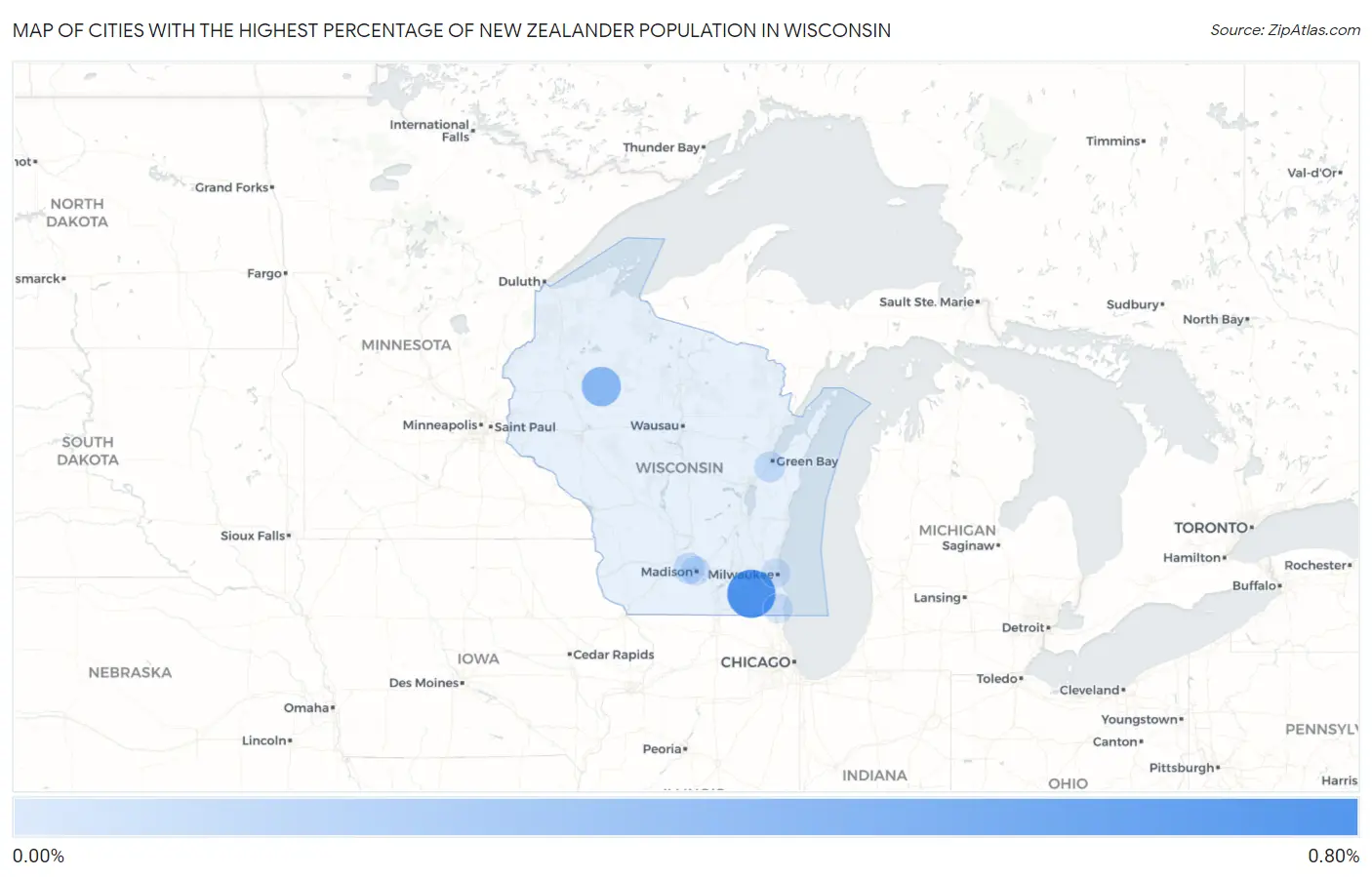 Cities with the Highest Percentage of New Zealander Population in Wisconsin Map