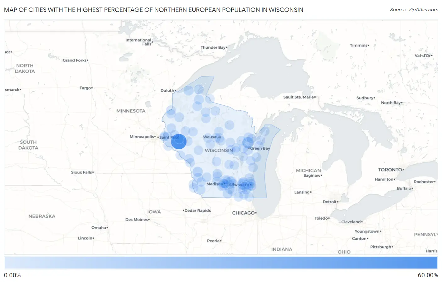 Cities with the Highest Percentage of Northern European Population in Wisconsin Map