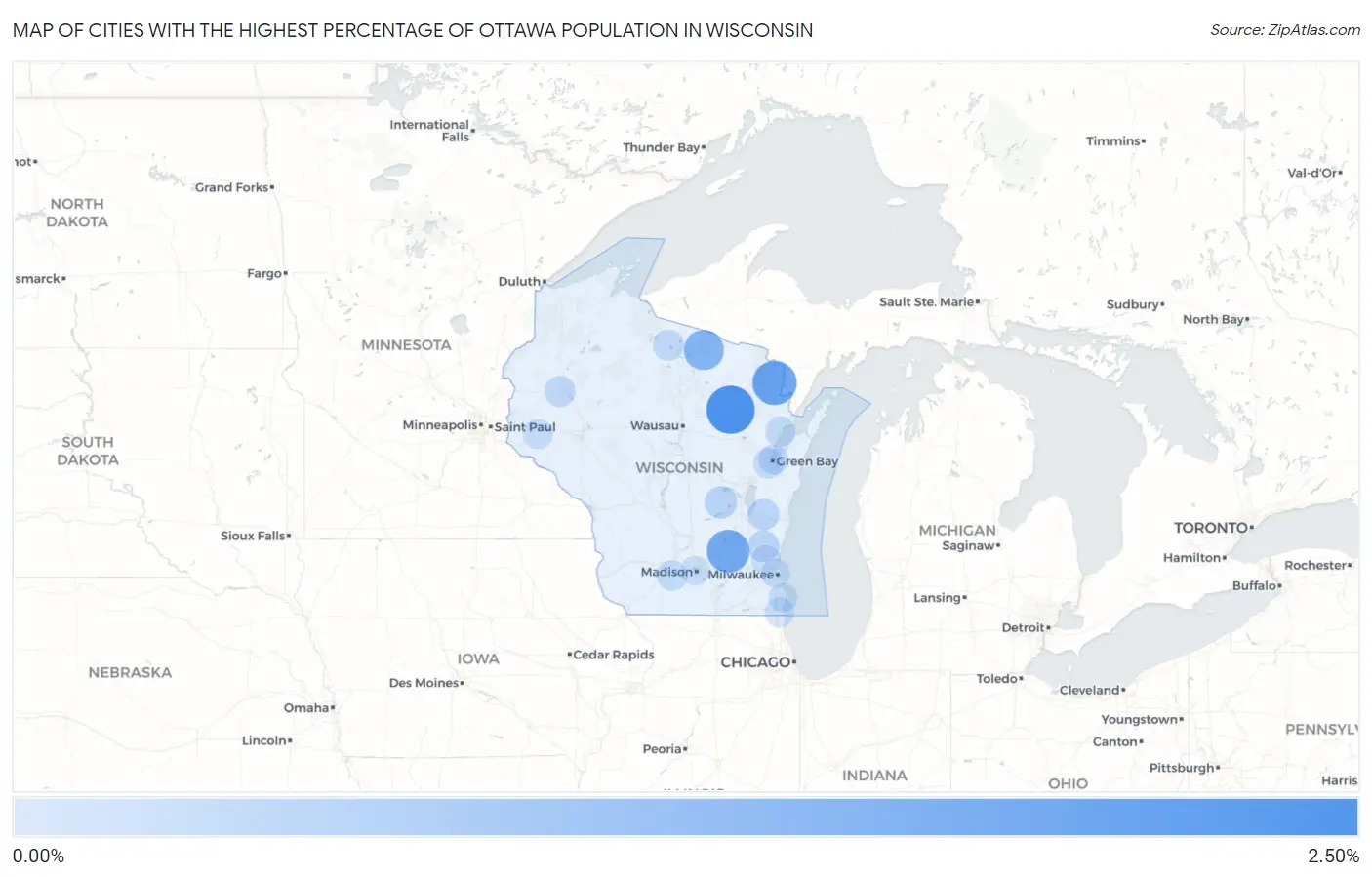Cities with the Highest Percentage of Ottawa Population in Wisconsin Map