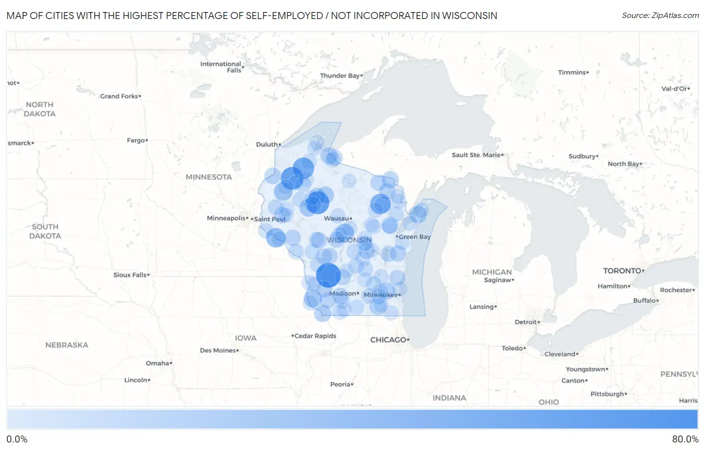 Cities with the Highest Percentage of Self-Employed / Not Incorporated in Wisconsin Map
