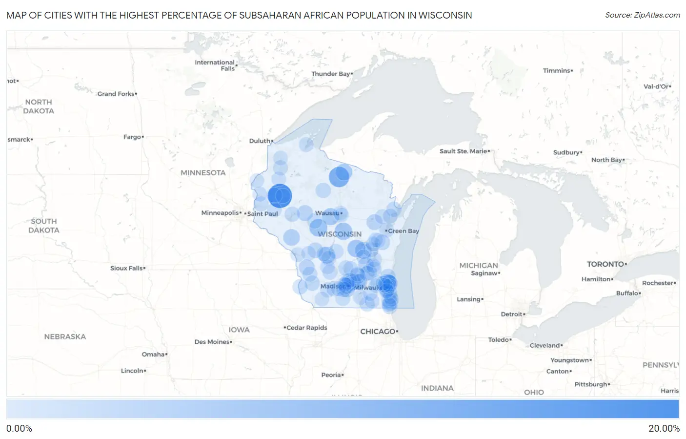 Cities with the Highest Percentage of Subsaharan African Population in Wisconsin Map
