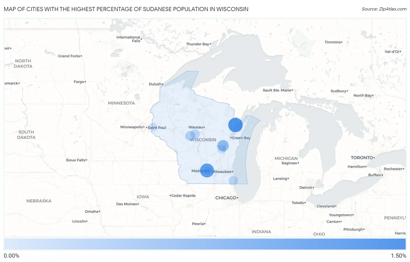 Cities with the Highest Percentage of Sudanese Population in Wisconsin Map
