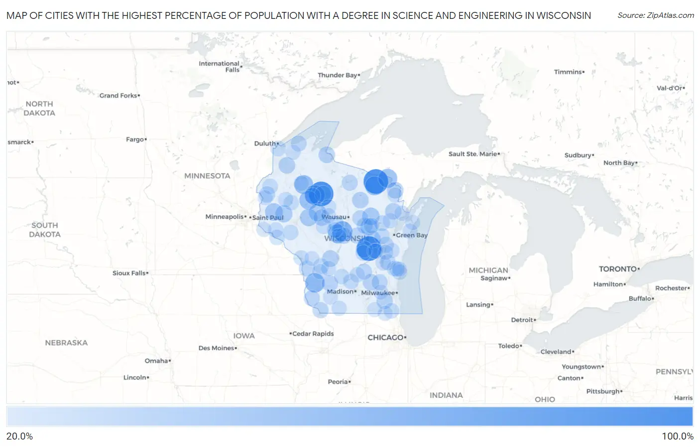 Cities with the Highest Percentage of Population with a Degree in Science and Engineering in Wisconsin Map