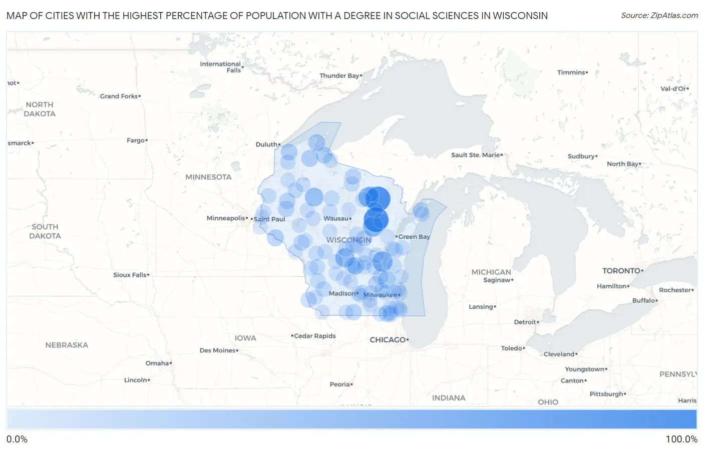 Cities with the Highest Percentage of Population with a Degree in Social Sciences in Wisconsin Map