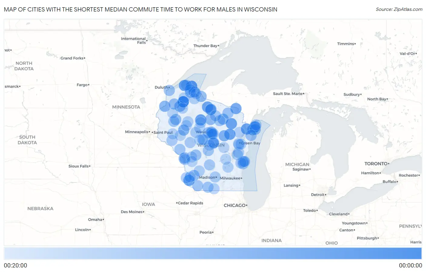 Cities with the Shortest Median Commute Time to Work for Males in Wisconsin Map