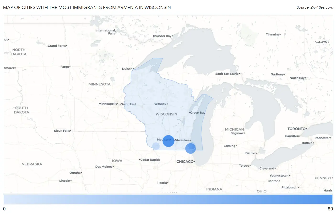 Cities with the Most Immigrants from Armenia in Wisconsin Map