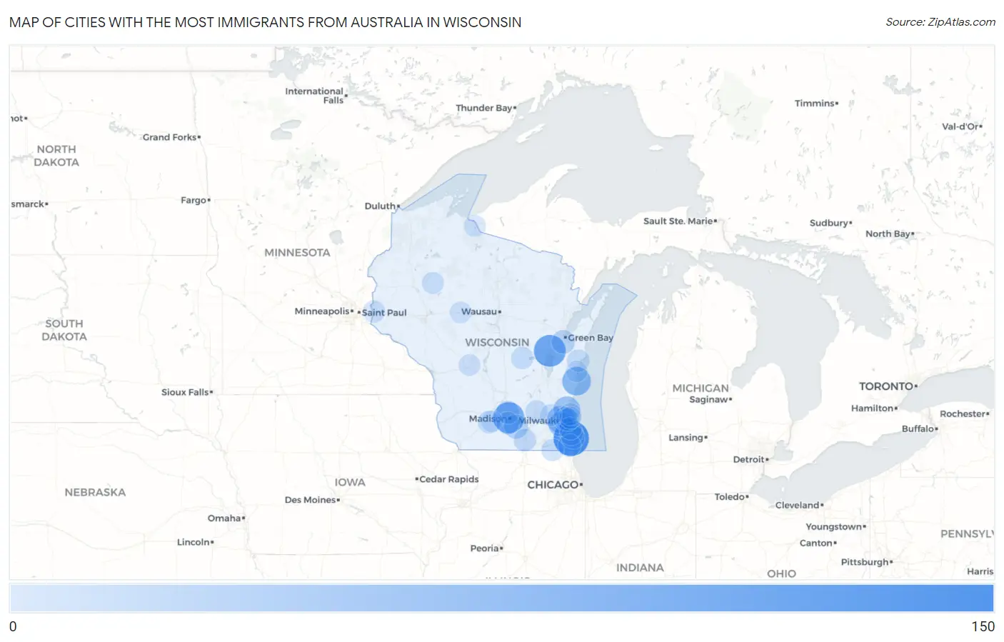 Cities with the Most Immigrants from Australia in Wisconsin Map