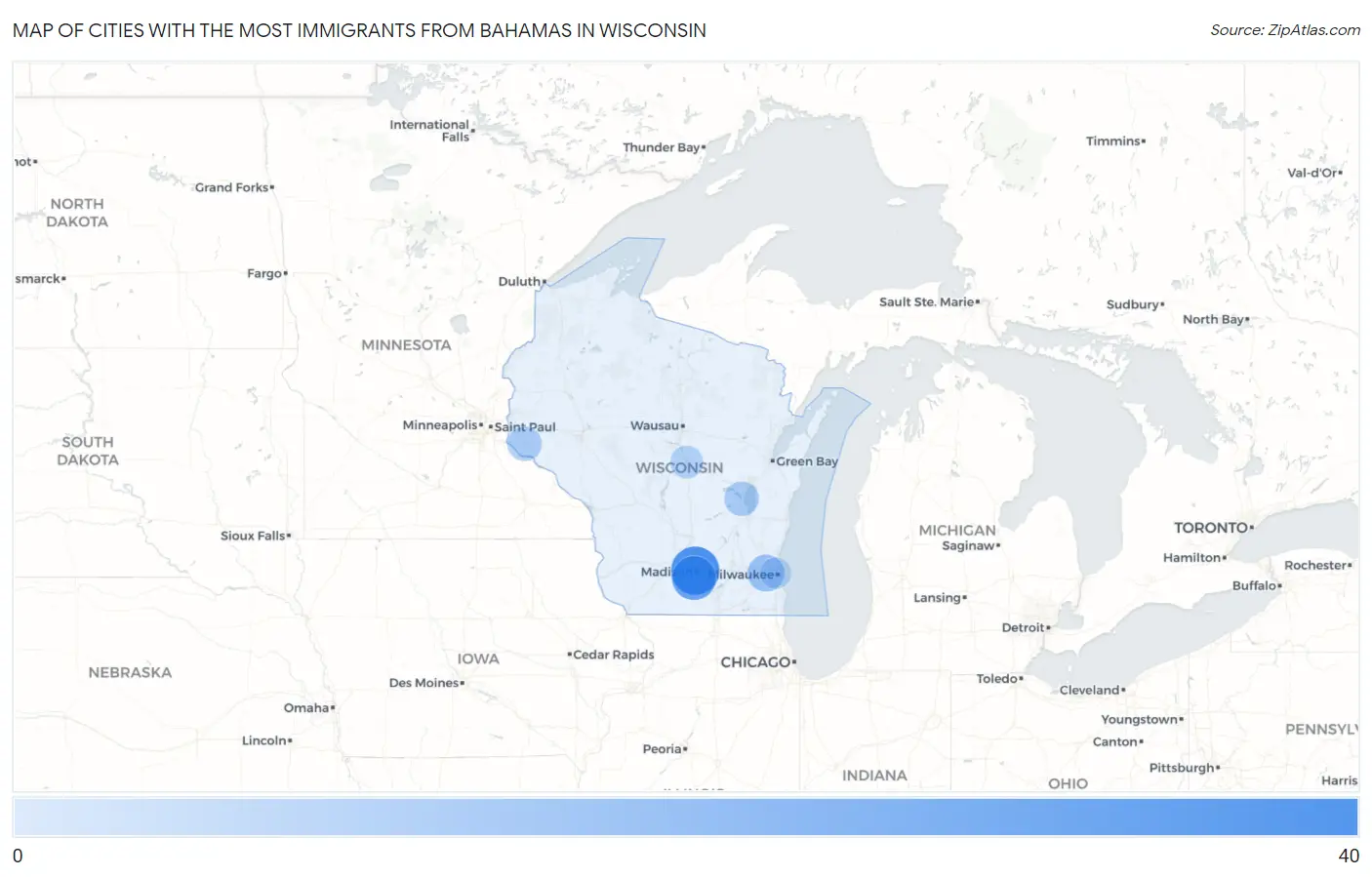Cities with the Most Immigrants from Bahamas in Wisconsin Map