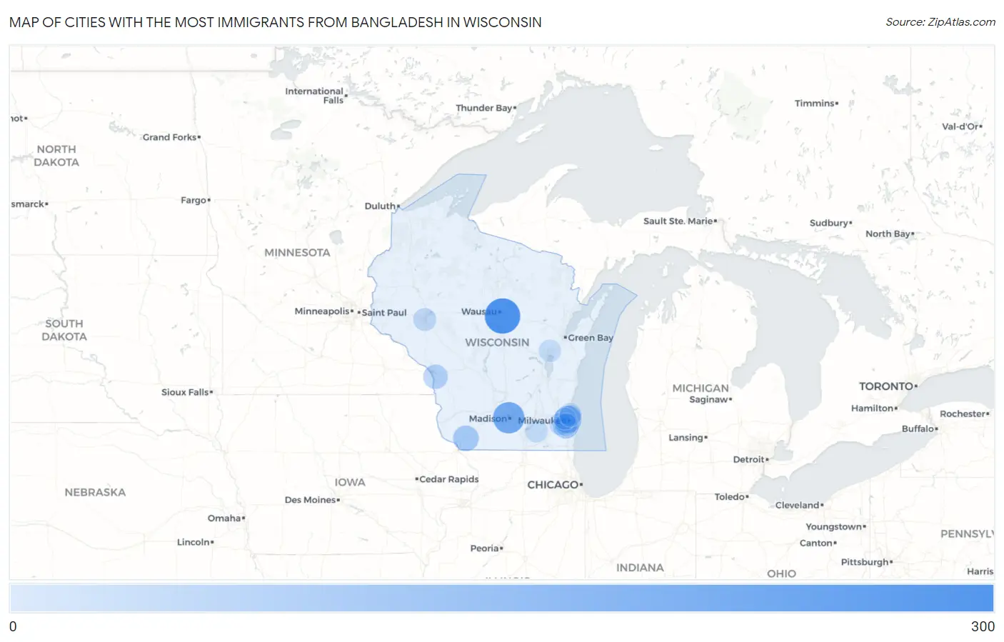 Cities with the Most Immigrants from Bangladesh in Wisconsin Map