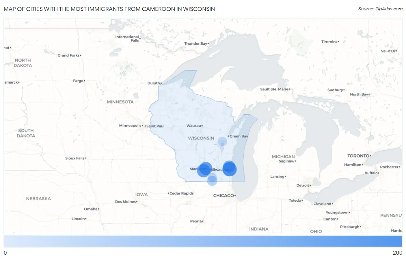 Cities with the Most Immigrants from Cameroon in Wisconsin Map