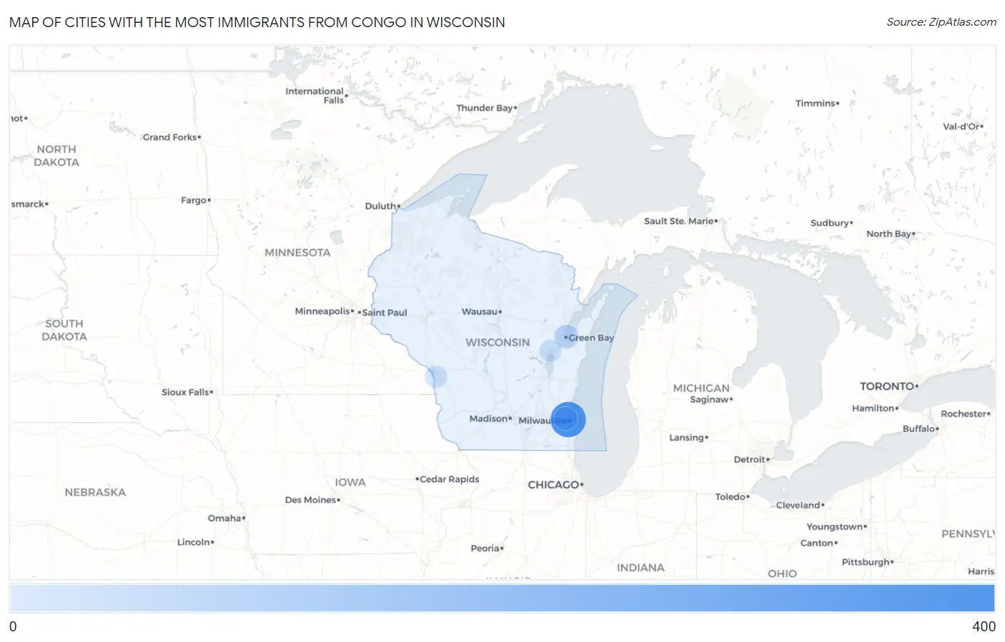 Cities with the Most Immigrants from Congo in Wisconsin Map