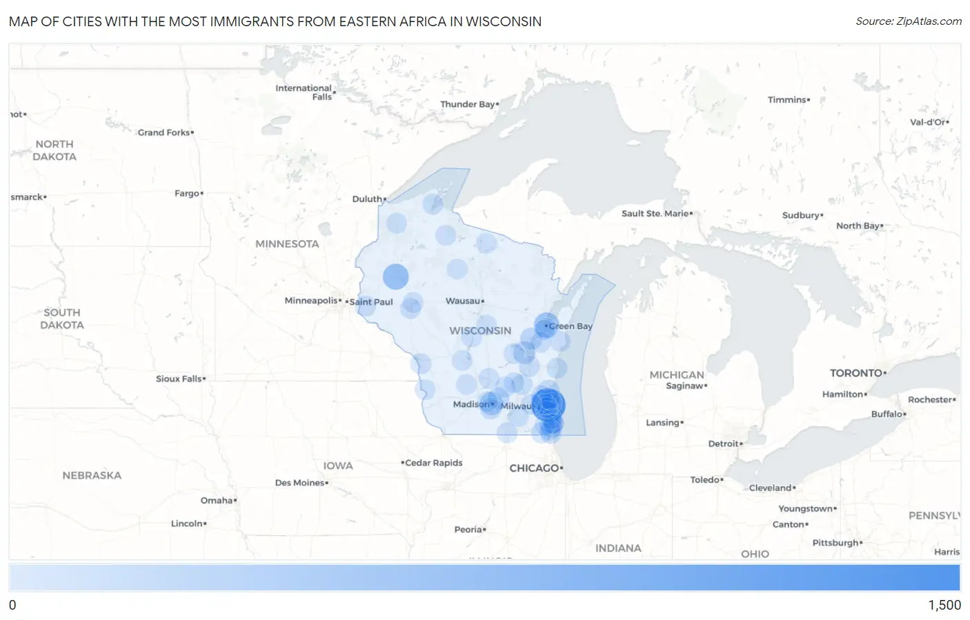 Cities with the Most Immigrants from Eastern Africa in Wisconsin Map